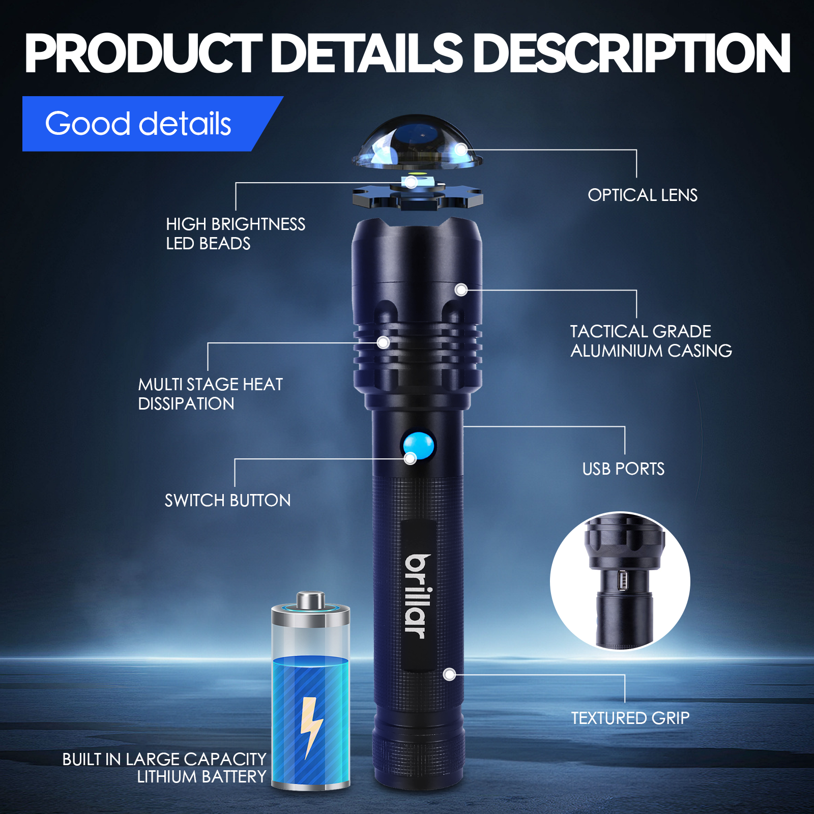 Brillar Commander - 4000 Lumen USB Rechargeable Torch V915-BR0080