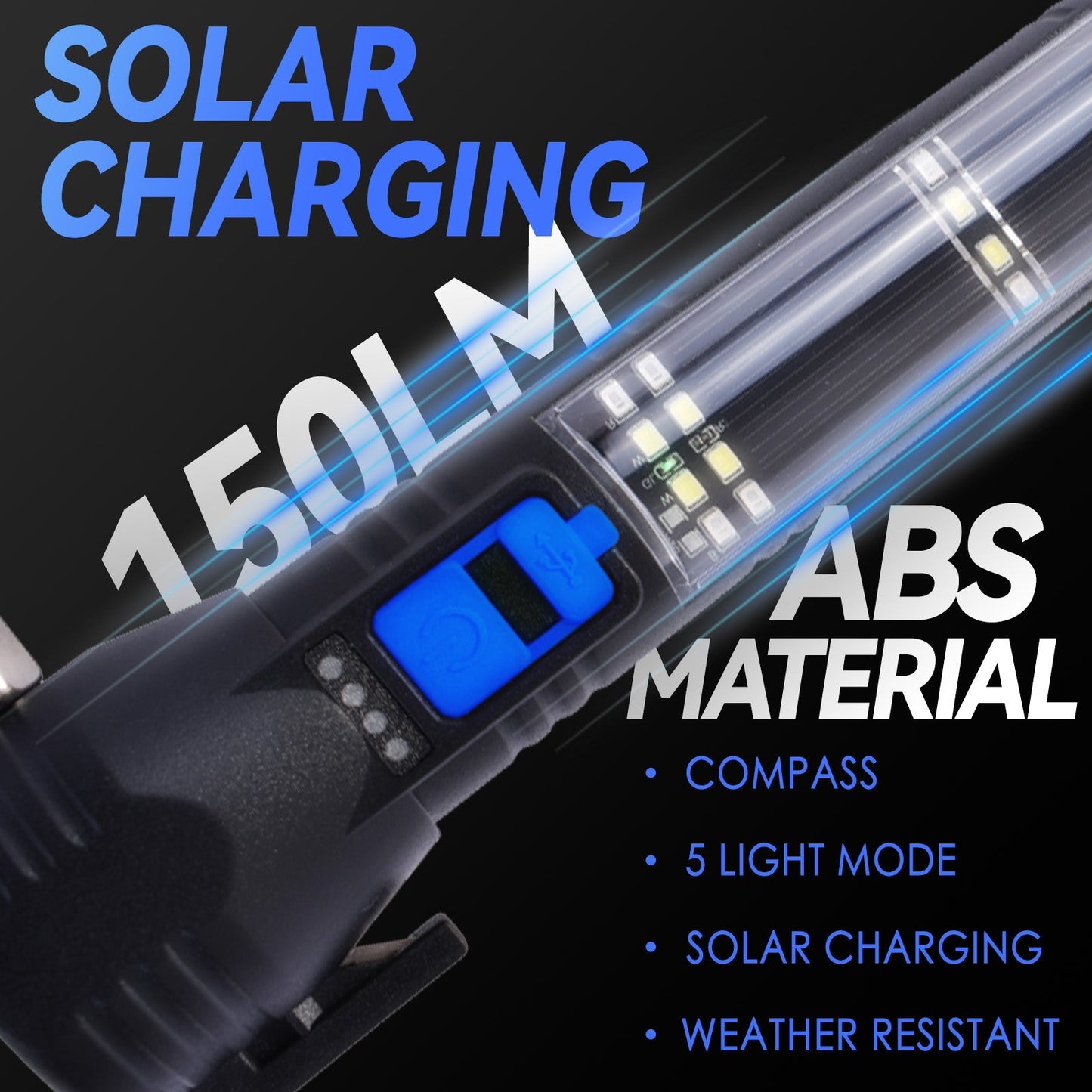 Brillar 150 Lumen Solar Power USB rechargeable Multifunction Trekking Torch V915-BR0113