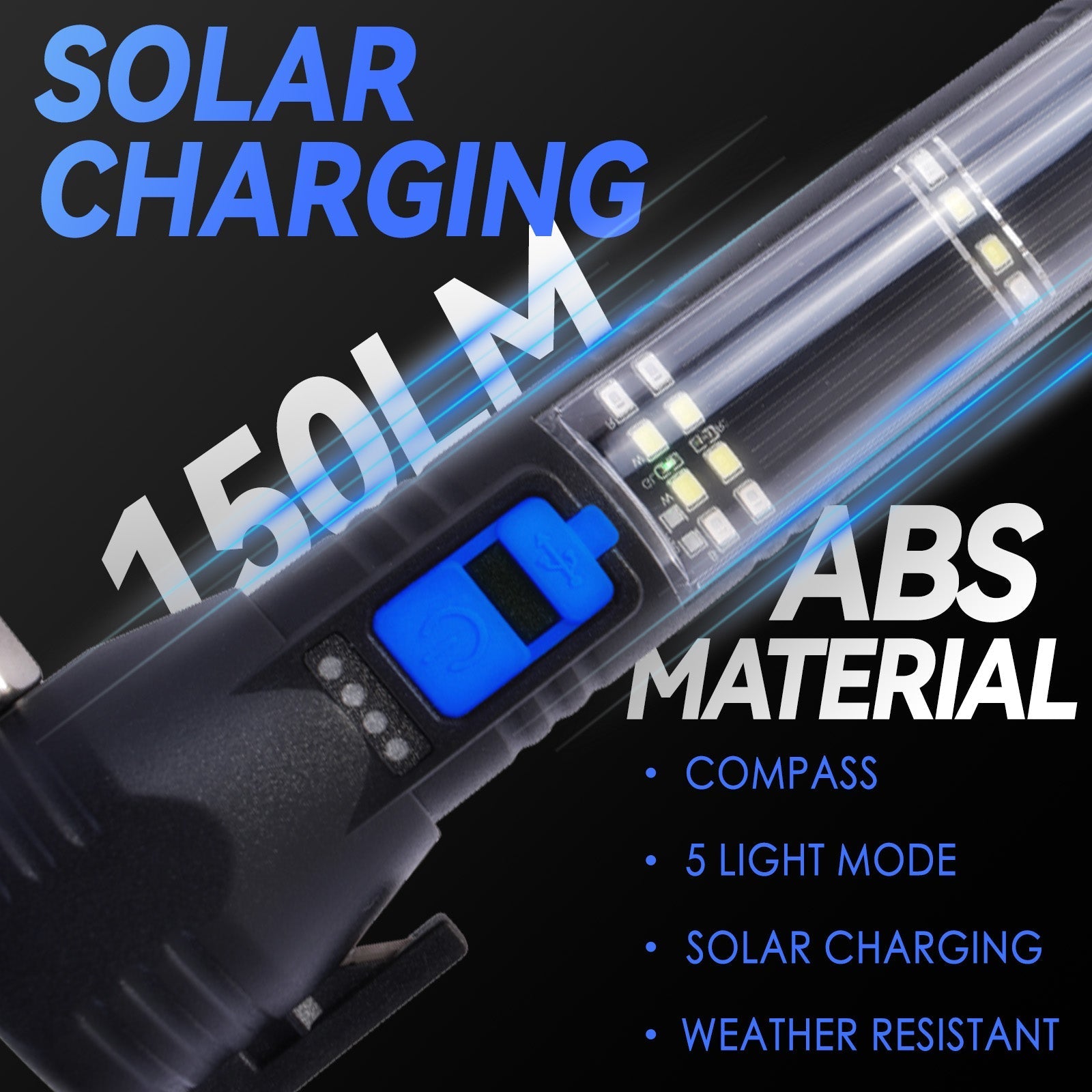 Brillar 150 Lumen Solar Power USB rechargeable Multifunction Trekking Torch V915-BR0113