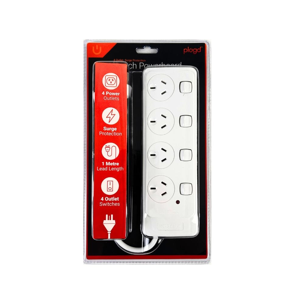 4 Outlet Power Board With Surge Protection with Individual Switches 1M Lead Cable V915-EL0031