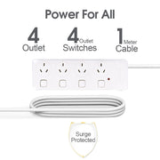 4 Outlet Power Board With Surge Protection with Individual Switches 1M Lead Cable V915-EL0031