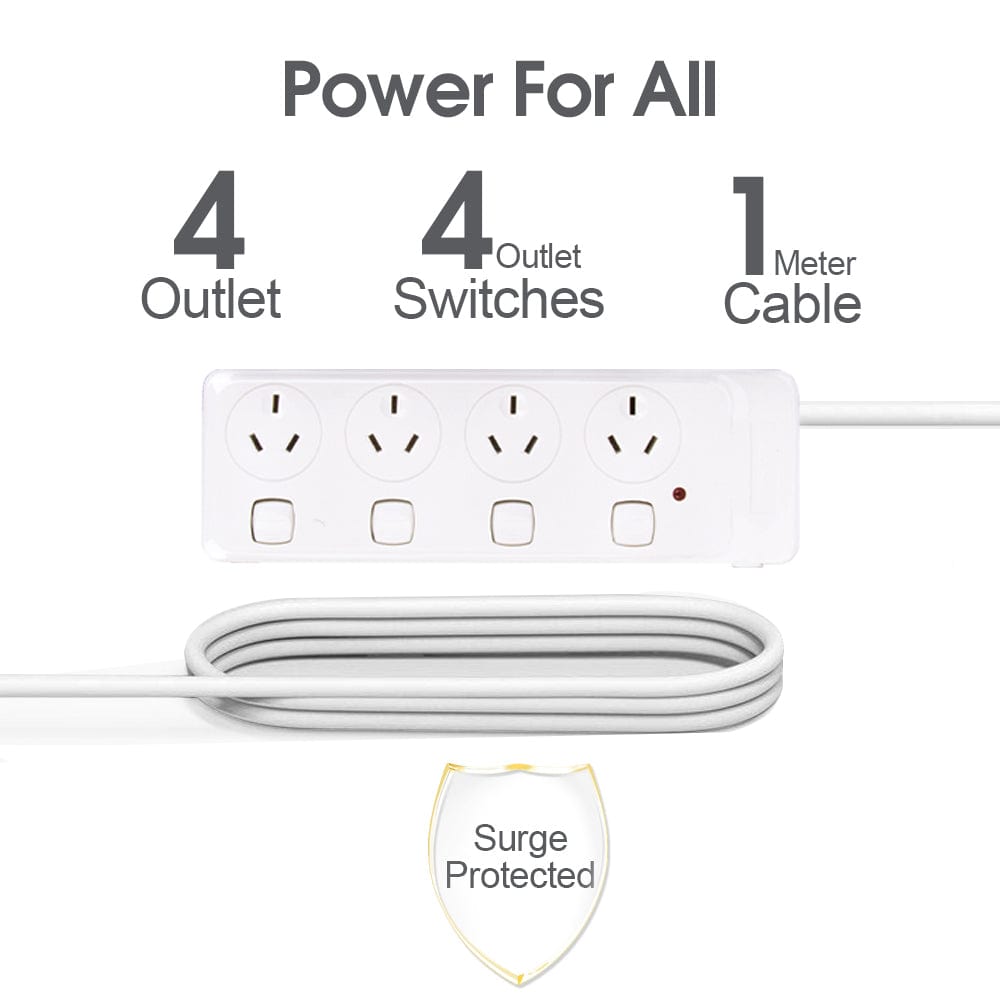 4 Outlet Power Board With Surge Protection with Individual Switches 1M Lead Cable V915-EL0031