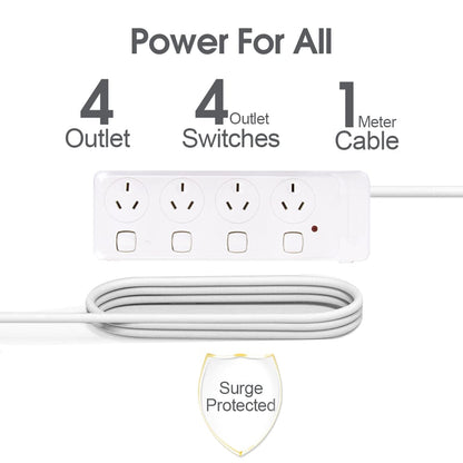 4 Outlet Power Board With Surge Protection with Individual Switches 1M Lead Cable V915-EL0031