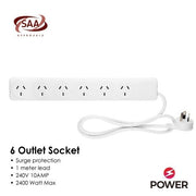 6 Outlet Power Board With Surge Protection 1M Lead Cable V915-EL0034