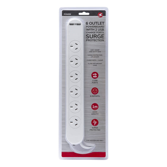 6 Outlet Powerboard With Surge Protection and Dual USB Charger 1M Lead Cable V915-EL0035