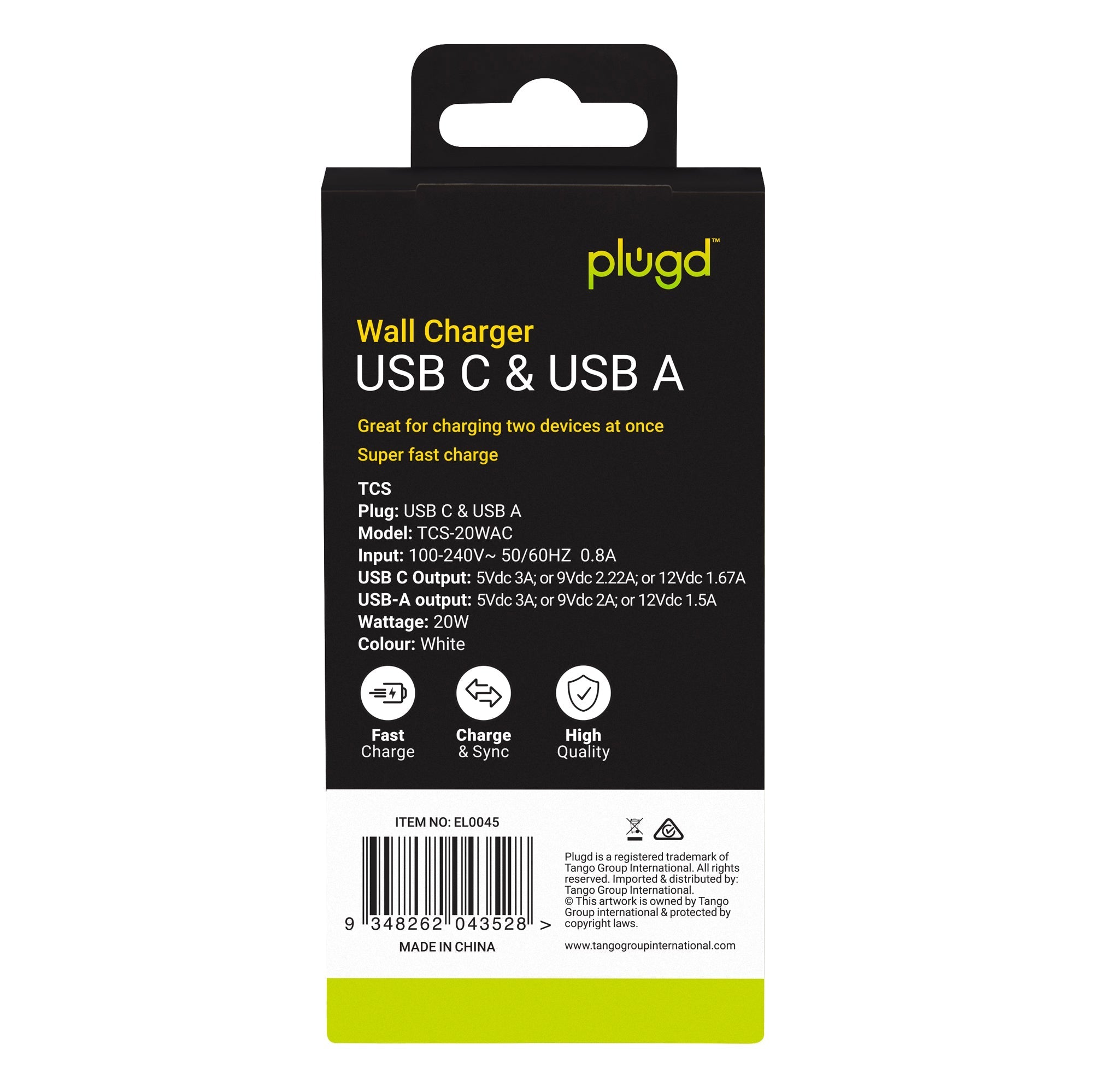 20W USB C & USB A QC3.0+PD Fast Charging Wall Charger V915-EL0045