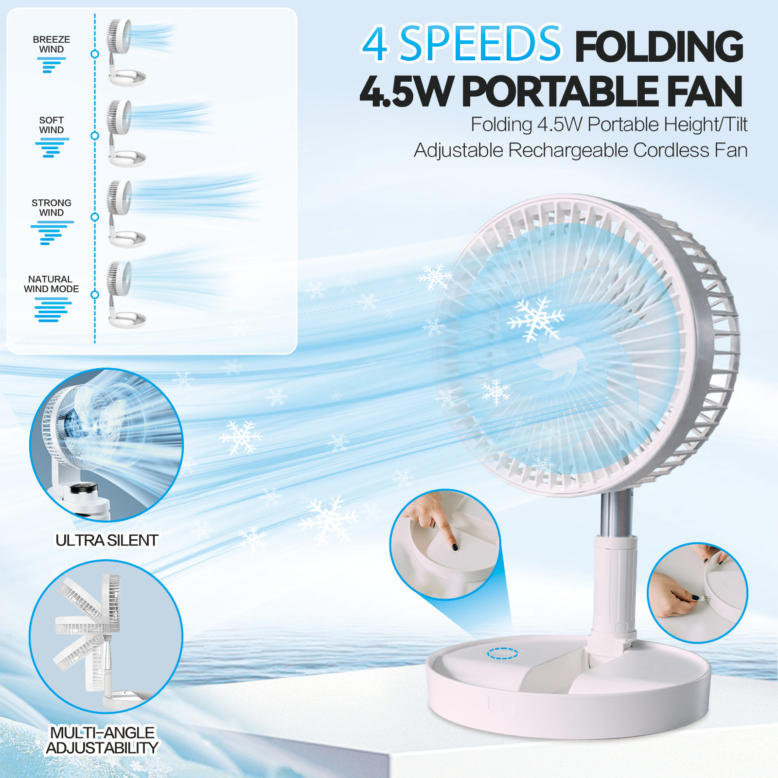 Folding Telescopic 4.5W Portable Height/Tilt Adjustable Rechargeable Cordless Fan V915-EL0079