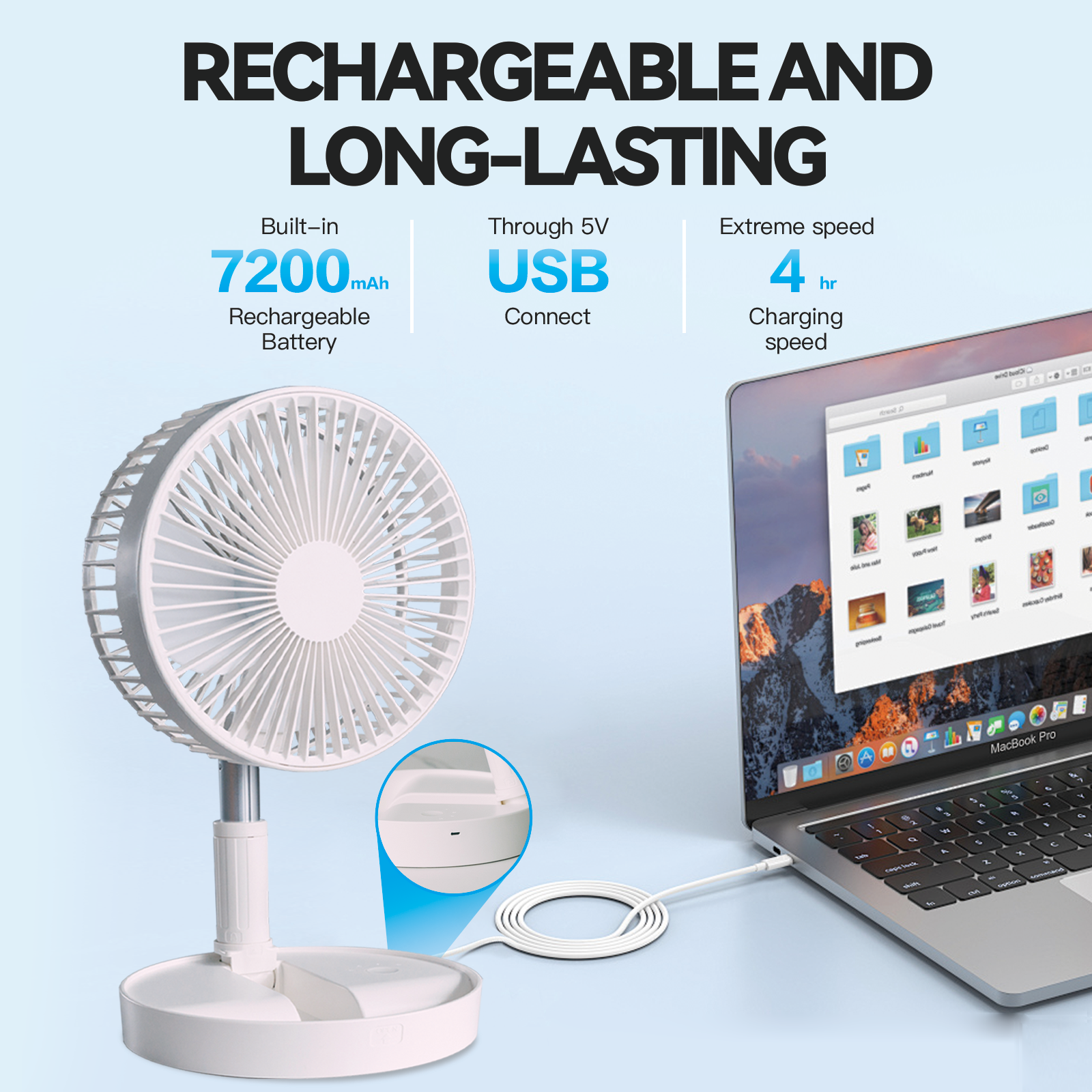 Folding Telescopic 4.5W Portable Height/Tilt Adjustable Rechargeable Cordless Fan V915-EL0079