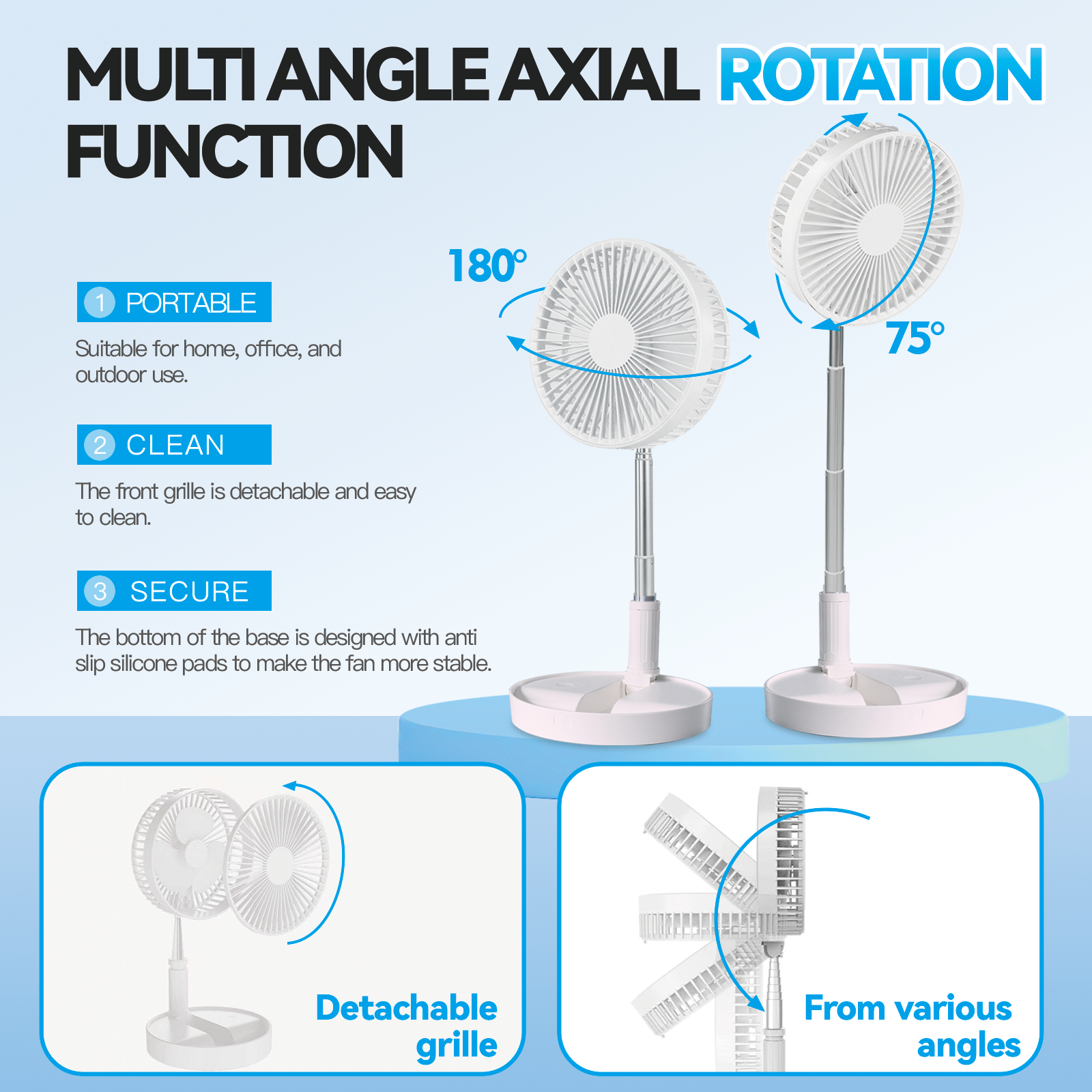 Folding Telescopic 4.5W Portable Height/Tilt Adjustable Rechargeable Cordless Fan V915-EL0079