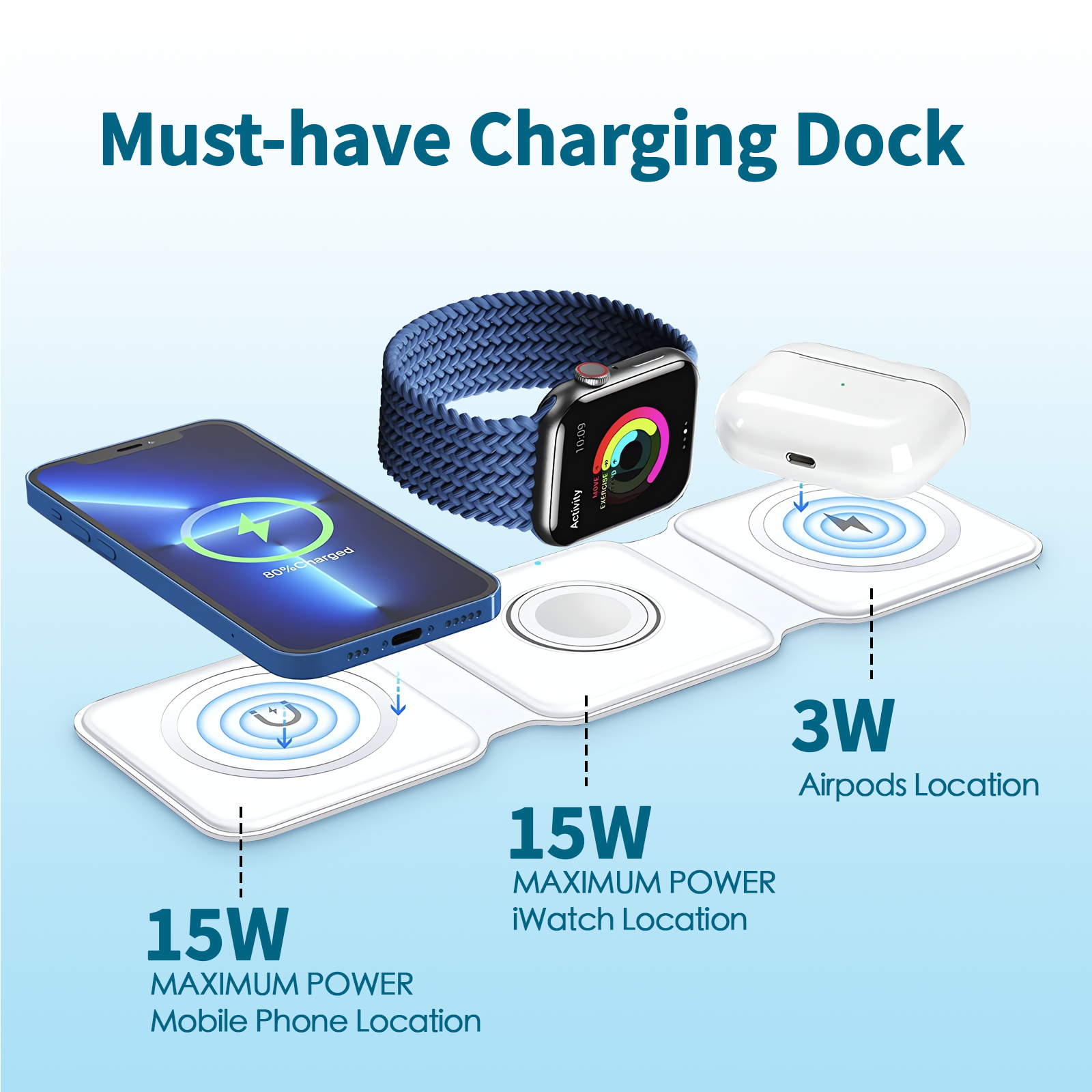 3 in 1 Wireless 15W Qi Fast Charging Foldable Station for Apple Mag Safe V915-EL0103