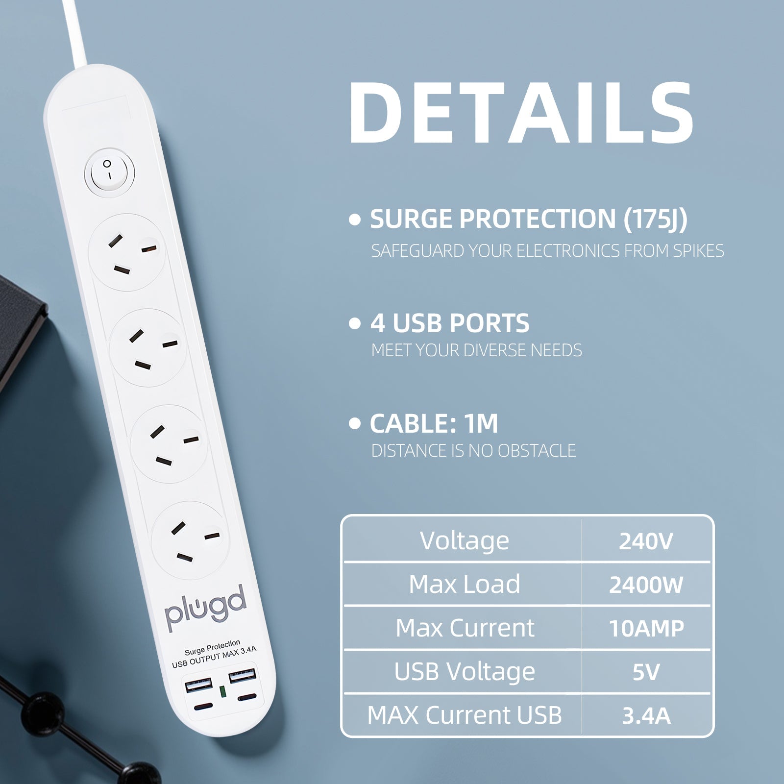 Plugd 2 USB A + 2 USB C 240V 10A Powerboard with Surge Protection V915-EL0113
