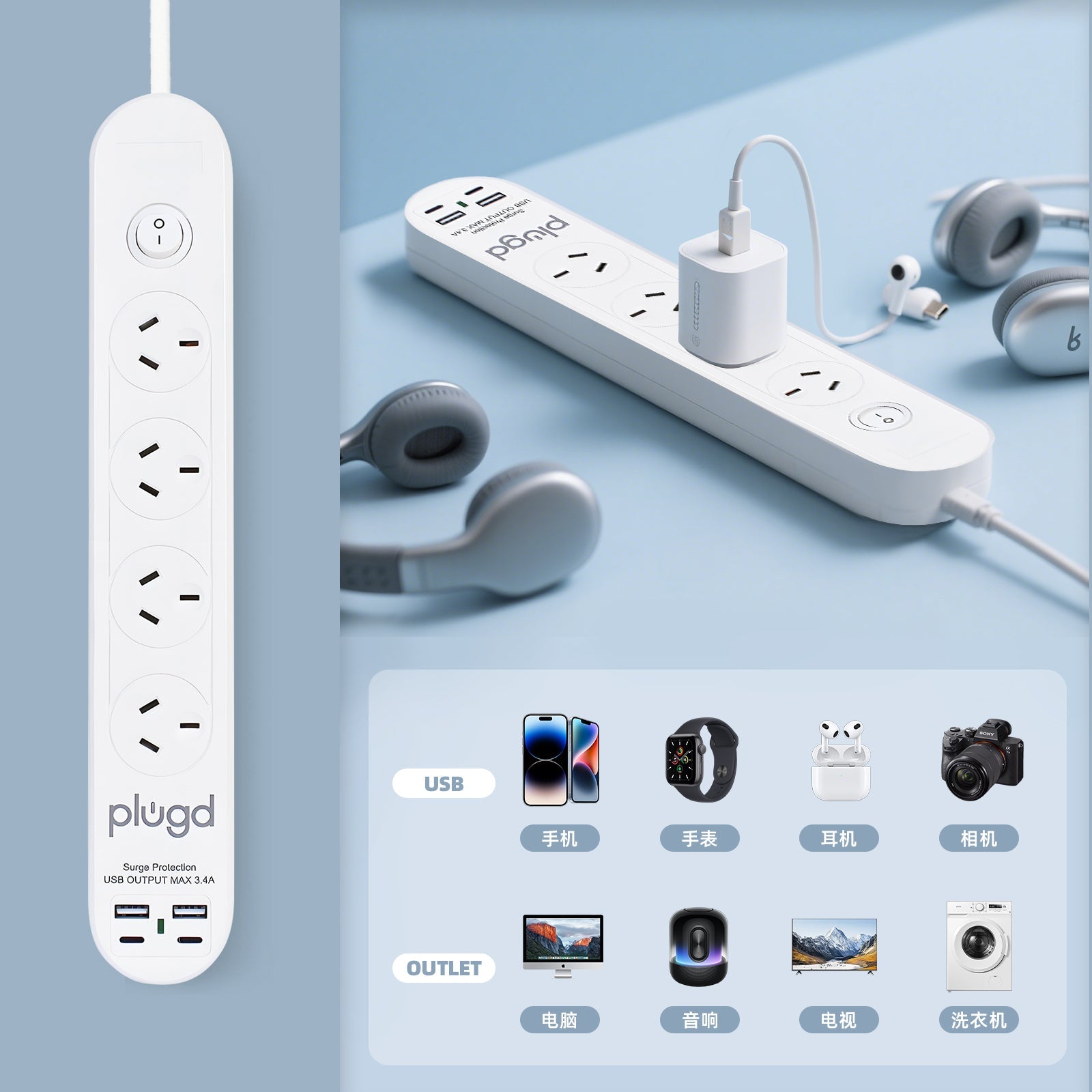 Plugd 2 USB A + 2 USB C 240V 10A Powerboard with Surge Protection V915-EL0113