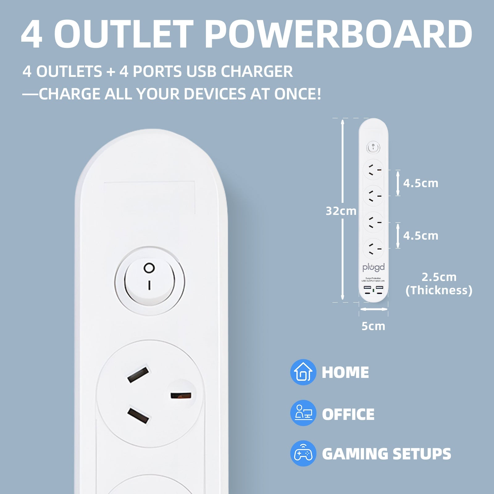 Plugd 2 USB A + 2 USB C 240V 10A Powerboard with Surge Protection V915-EL0113