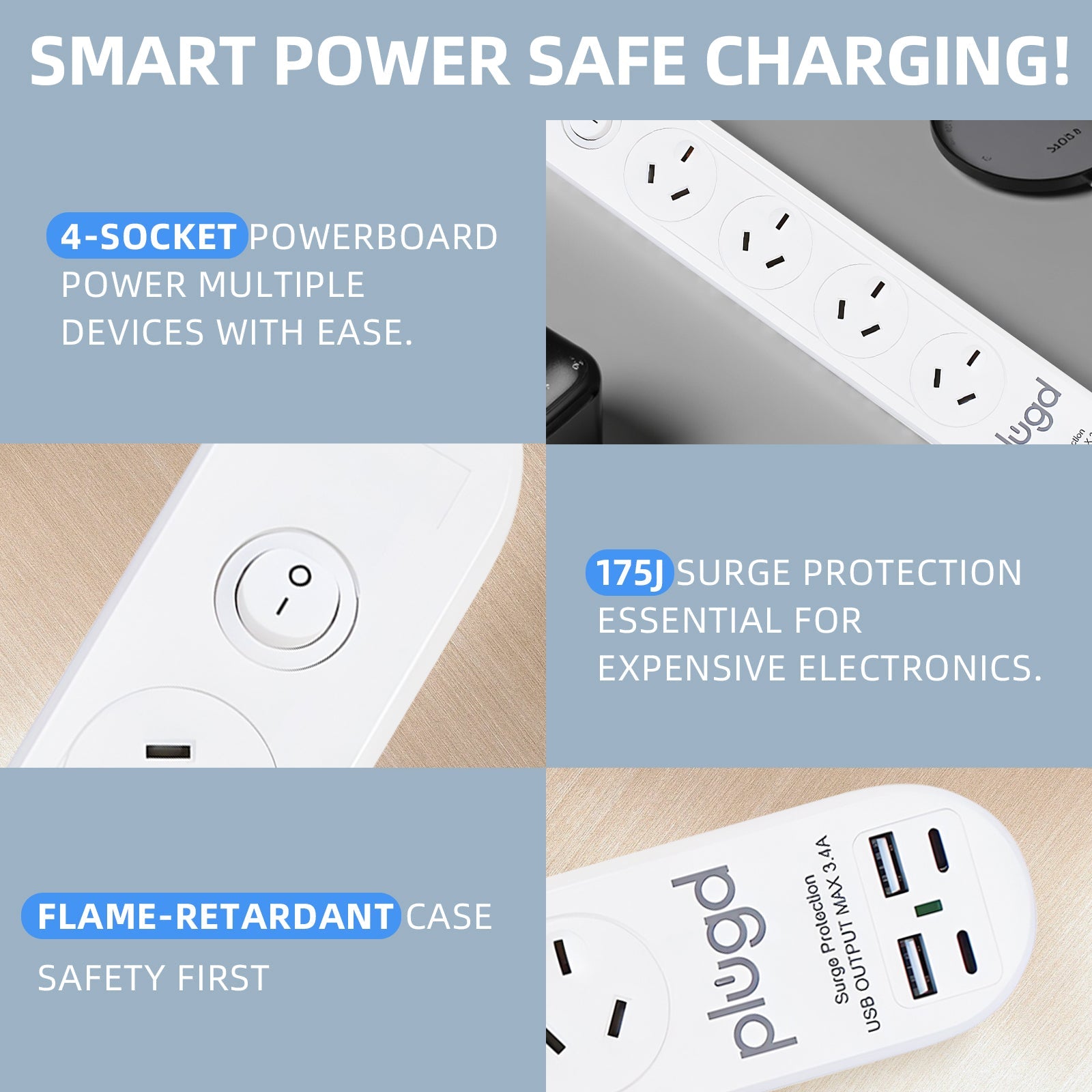 Plugd 2 USB A + 2 USB C 240V 10A Powerboard with Surge Protection V915-EL0113