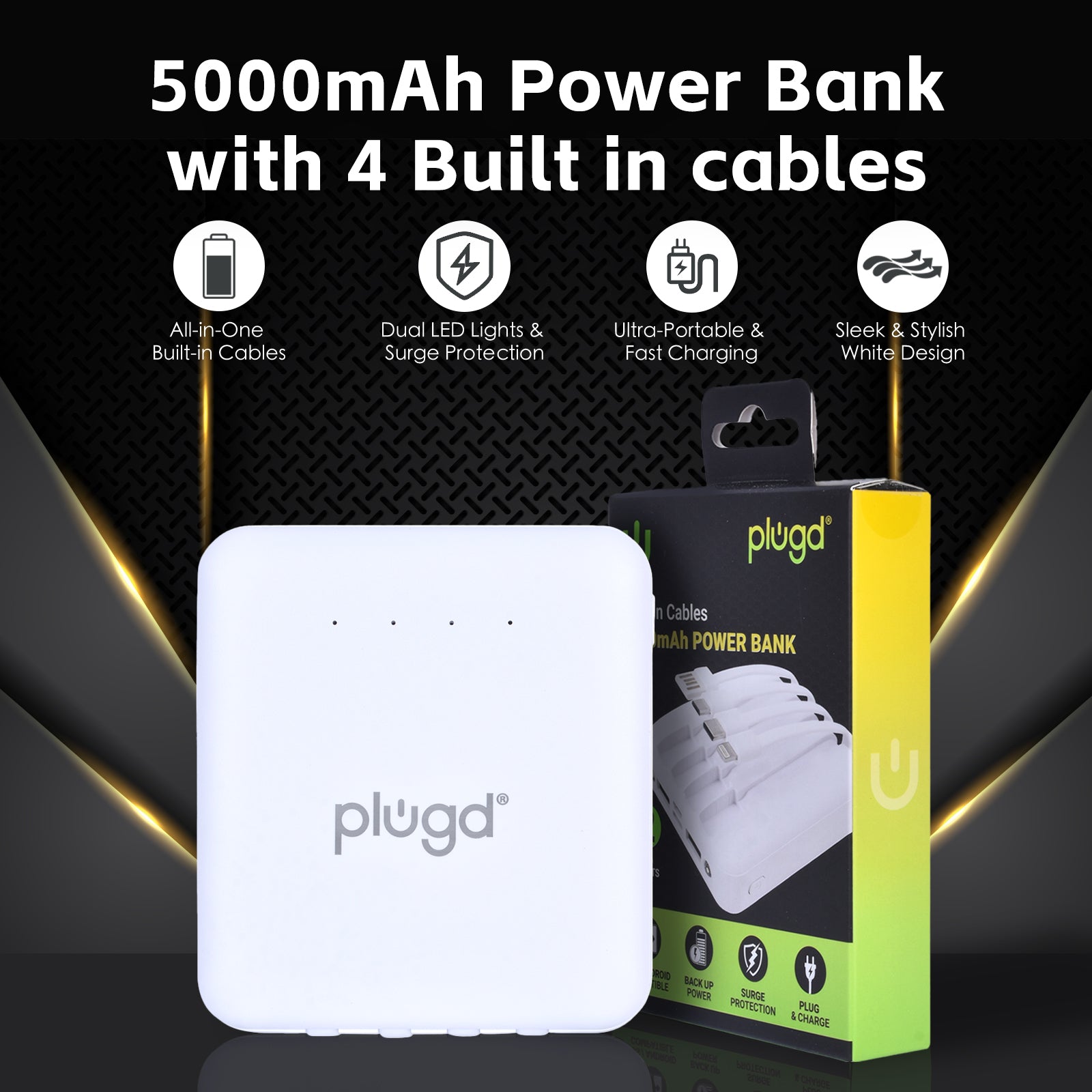 5000mAh Fast Charge Power Bank with 4 Built-in Cables and LED Lights V915-EL0117
