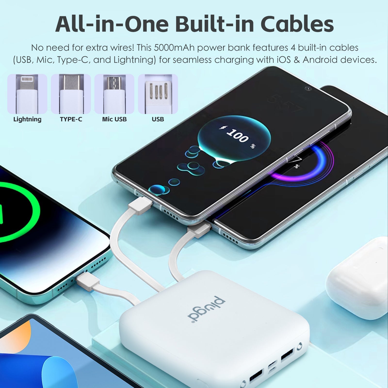5000mAh Fast Charge Power Bank with 4 Built-in Cables and LED Lights V915-EL0117