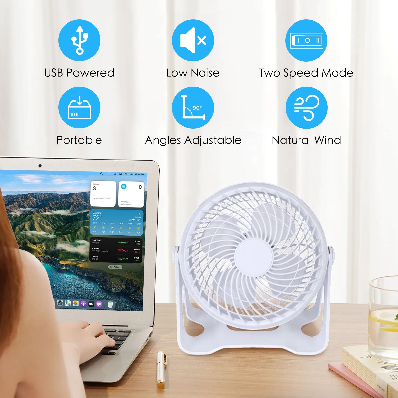 USB Powered Desk Fan - Portable 2-Speed Adjustable Angle Cooling Fan (White) V915-EL0125