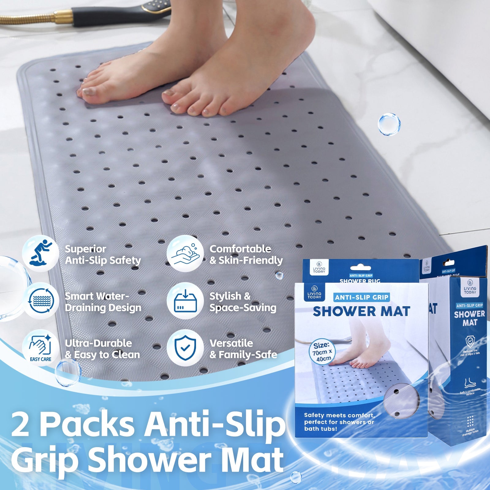 2Pack 70x40 cm Anti-Slip Grip Shower Mat Quick-Dry Bath Mat with 100+ Suction Cups V915-HB0003