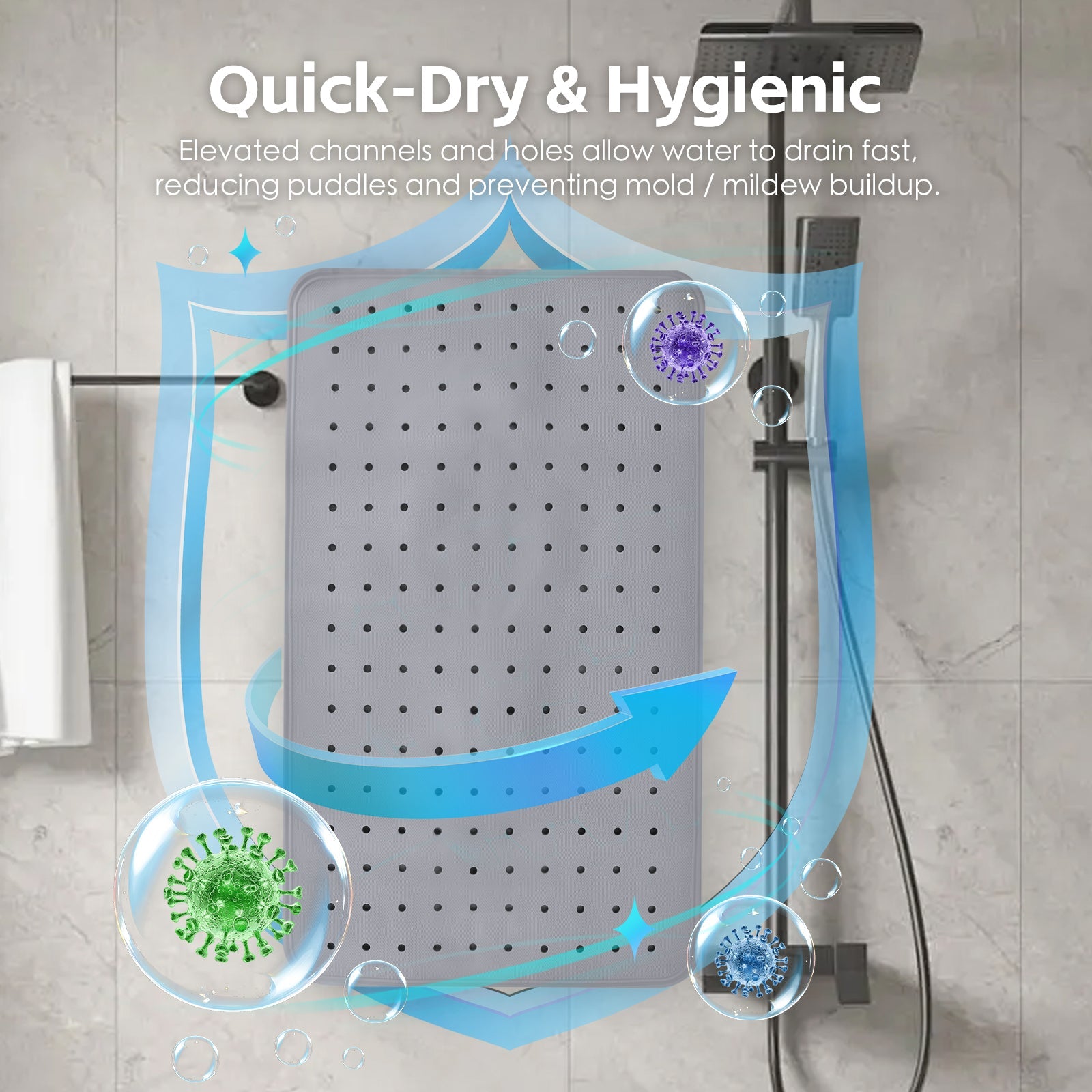 2Pack 70x40 cm Anti-Slip Grip Shower Mat Quick-Dry Bath Mat with 100+ Suction Cups V915-HB0003