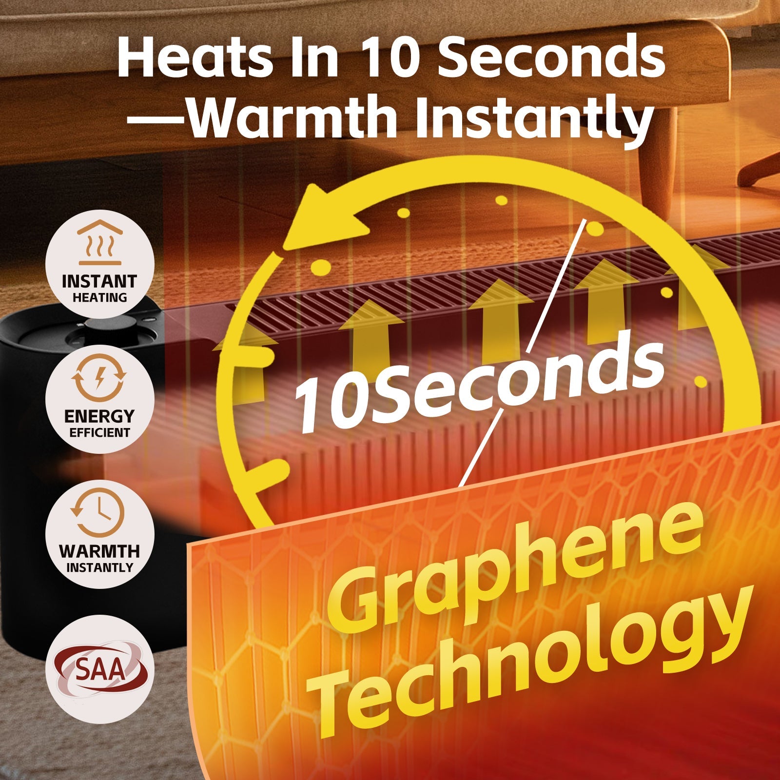 2200W Graphene Floor Electric Heater - Fast Heating, Energy-Efficient, Portable Indoor Heater V915-HE0001