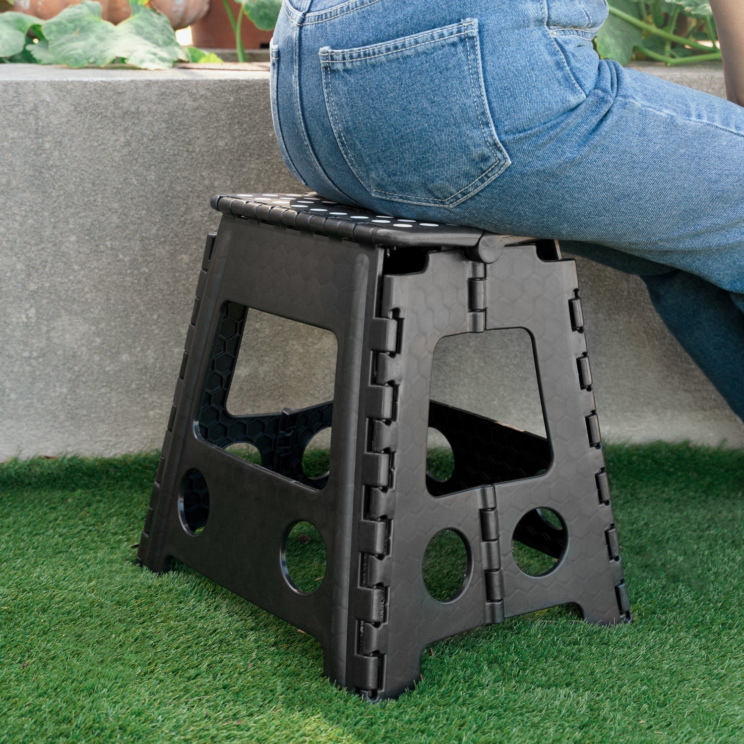Large Plastic Folding Stool Portable Chair Store Flat Easy Carry Outdoor Camping Black V915-HH0026-L-BK