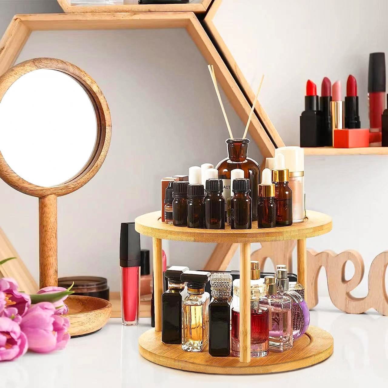 Lazy Susan 2 Tier Rotating Spice Rack Turnable Kitchen Shelf Bamboo Organiser V915-HO0211