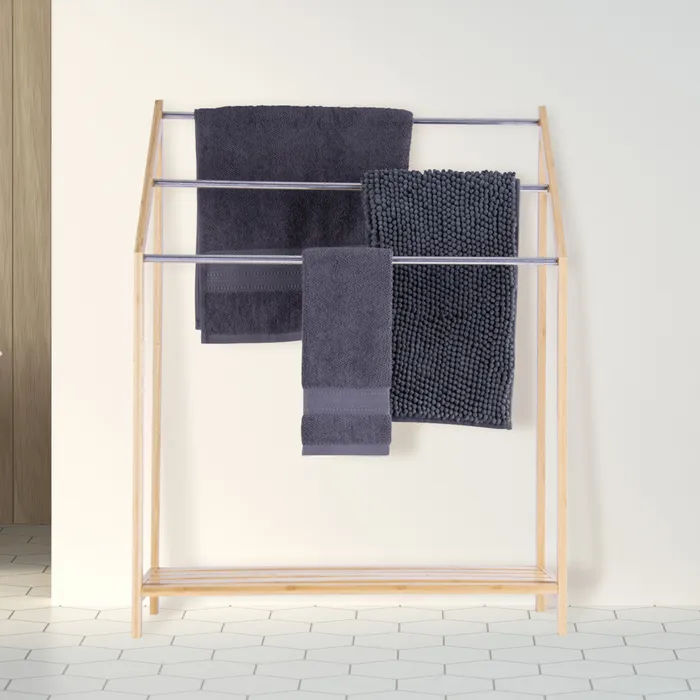 85cm Standing Towel Rack - Bamboo Towel Bar Metal 3-Tier V915-HO0241