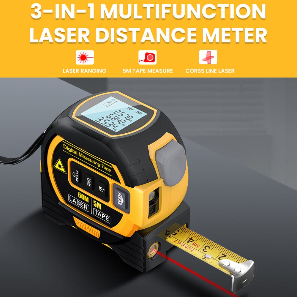 60m Laser Measure, Cross-line Laser Level, 5m Tape Measure Yellow V915-HO0305-YE
