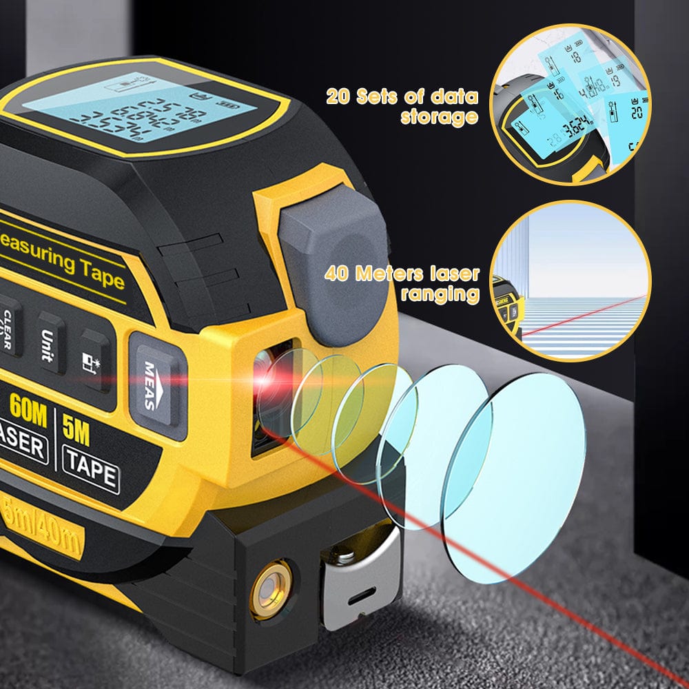 60m Laser Measure, Cross-line Laser Level, 5m Tape Measure Yellow V915-HO0305-YE