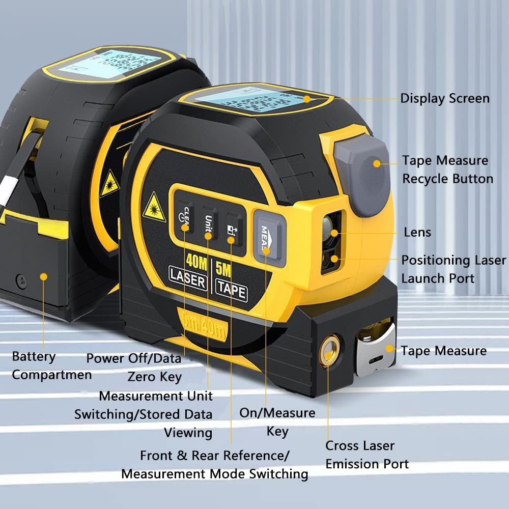 60m Laser Measure, Cross-line Laser Level, 5m Tape Measure Yellow V915-HO0305-YE