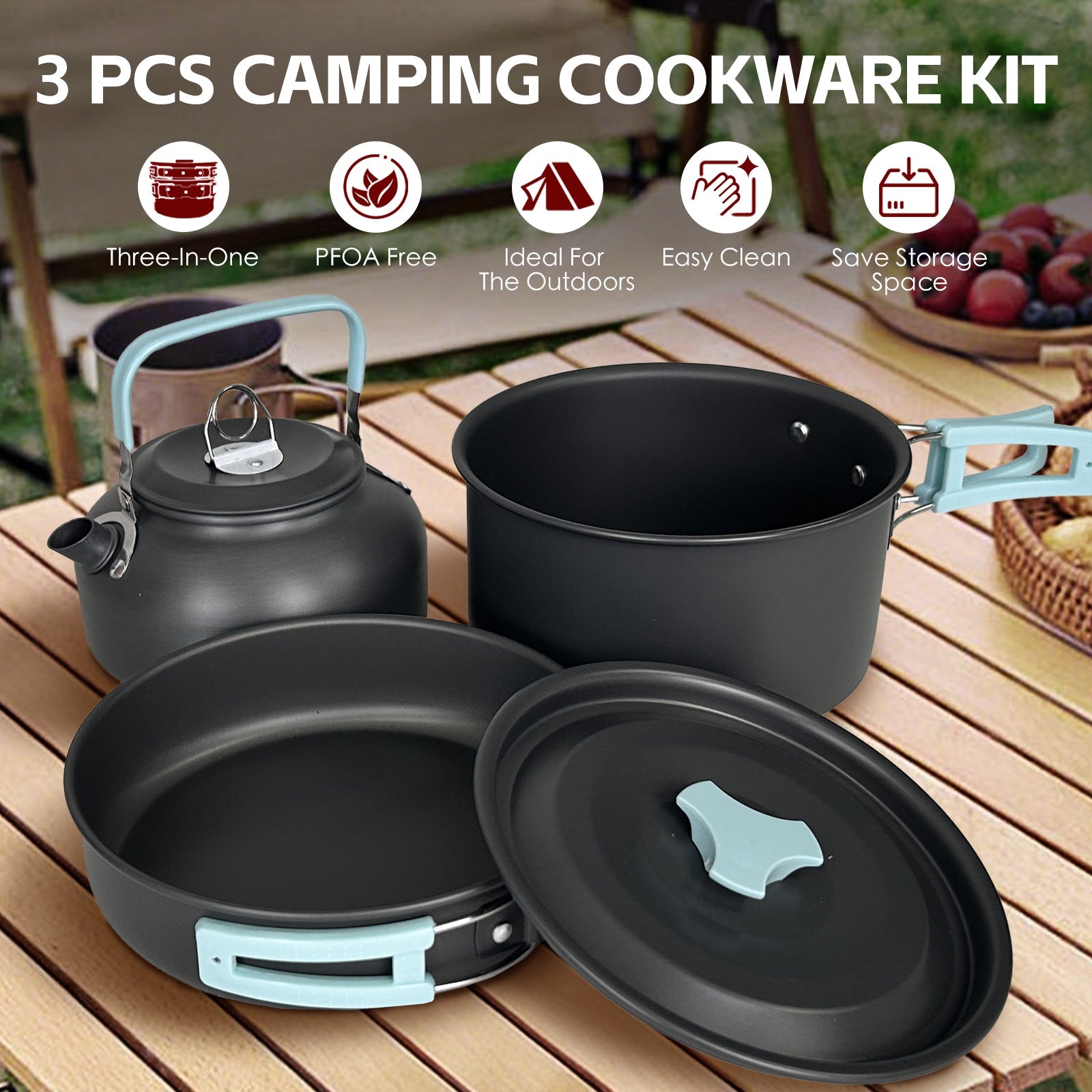 3Pcs Camping Cooking Set - Lightweight Anodised Aluminium Outdoor Cookware Kit with Heat-Resistant Handles V915-HO0404