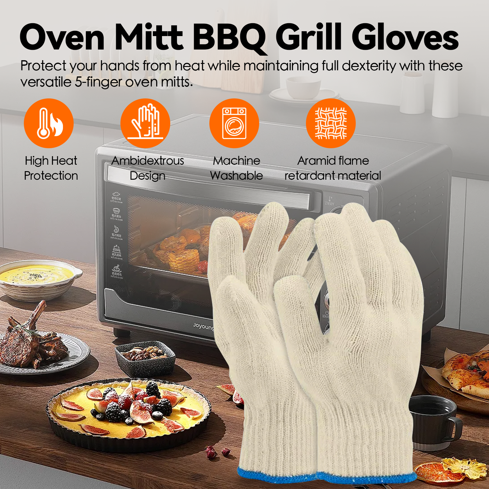 1 Pair 5 Finger Oven Mitt BBQ Grill Gloves V915-KB0057
