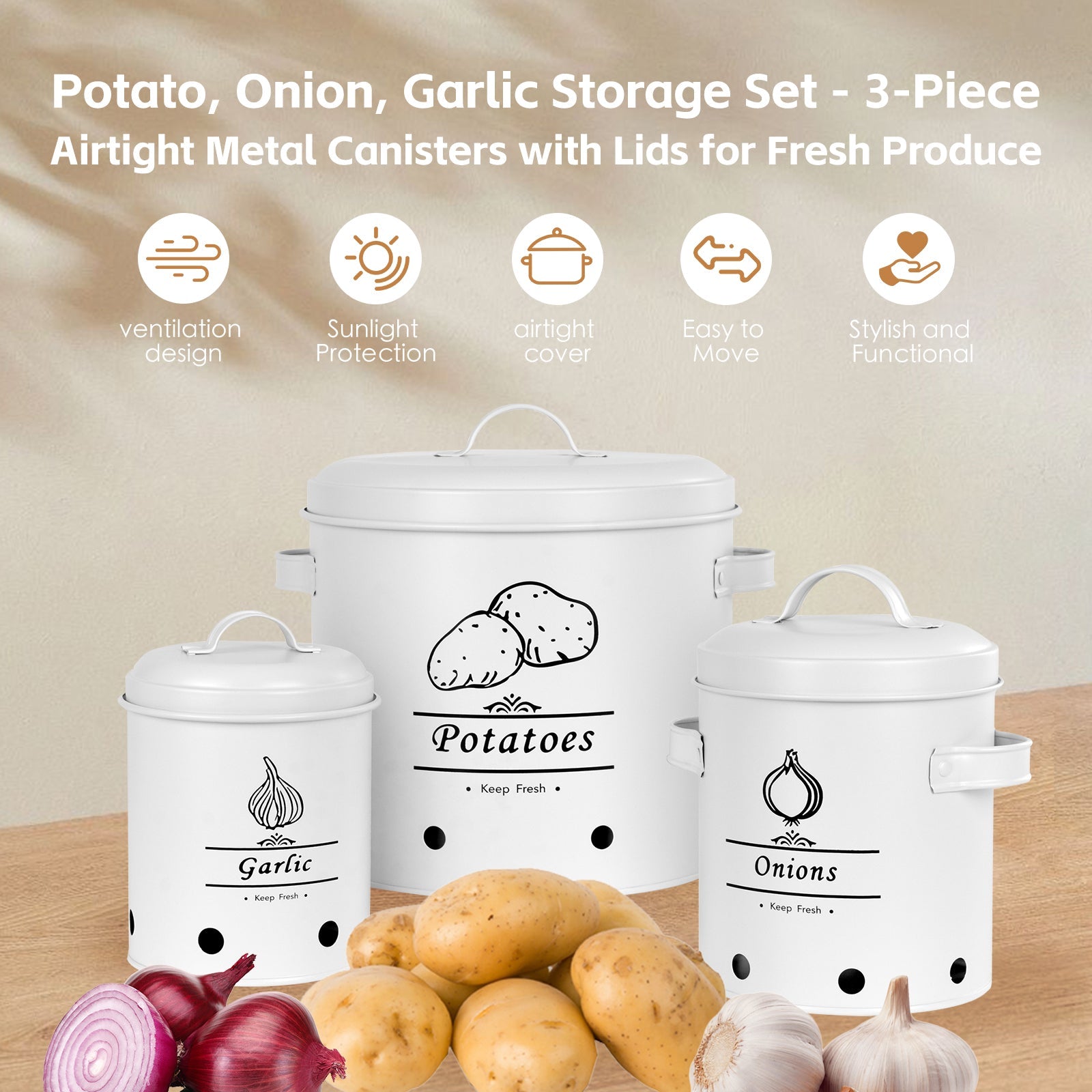 3 pcs Galvanised Iron Fruit Vegetable Storage Tins V915-KU0338