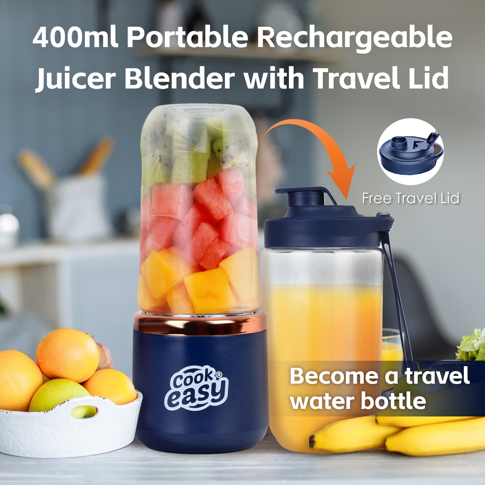 400ml USB-C Rechargeable Portable Juicer with Travel Lid - Personal Blender for Smoothies & Shakes V915-KU0366
