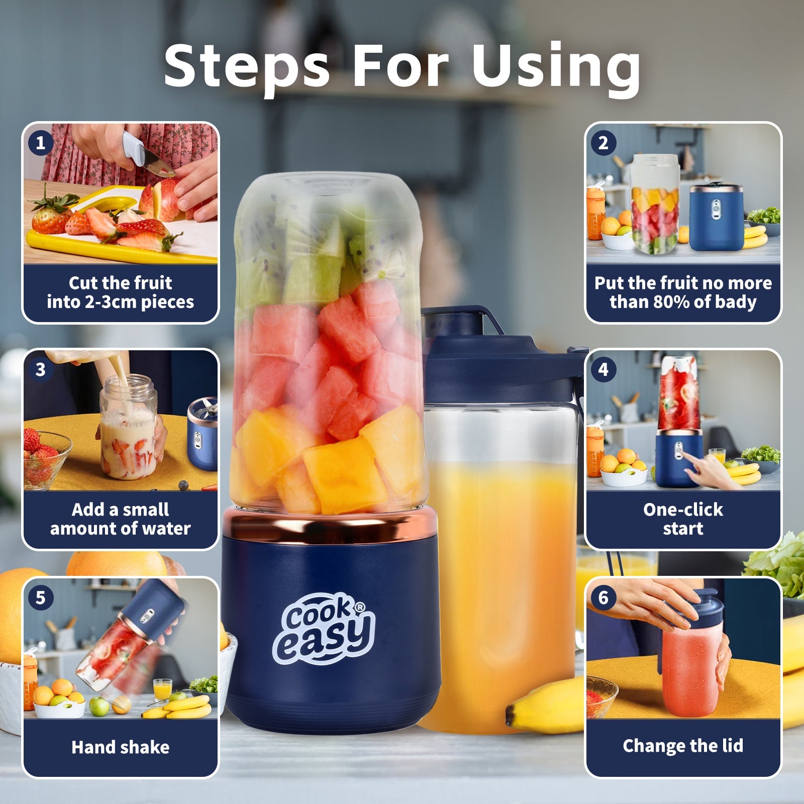 400ml USB-C Rechargeable Portable Juicer with Travel Lid - Personal Blender for Smoothies & Shakes V915-KU0366