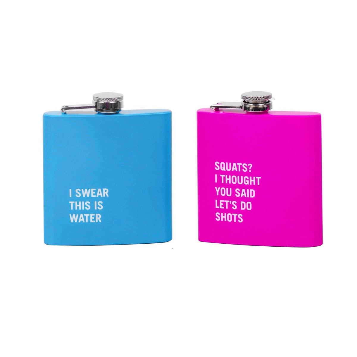 2 Pcs Stainless Steel Hip Flask (175 ml Each) - Funny Quotes, 4 Super-Bright Colours V915-LD0084-PK-LD0084-BL