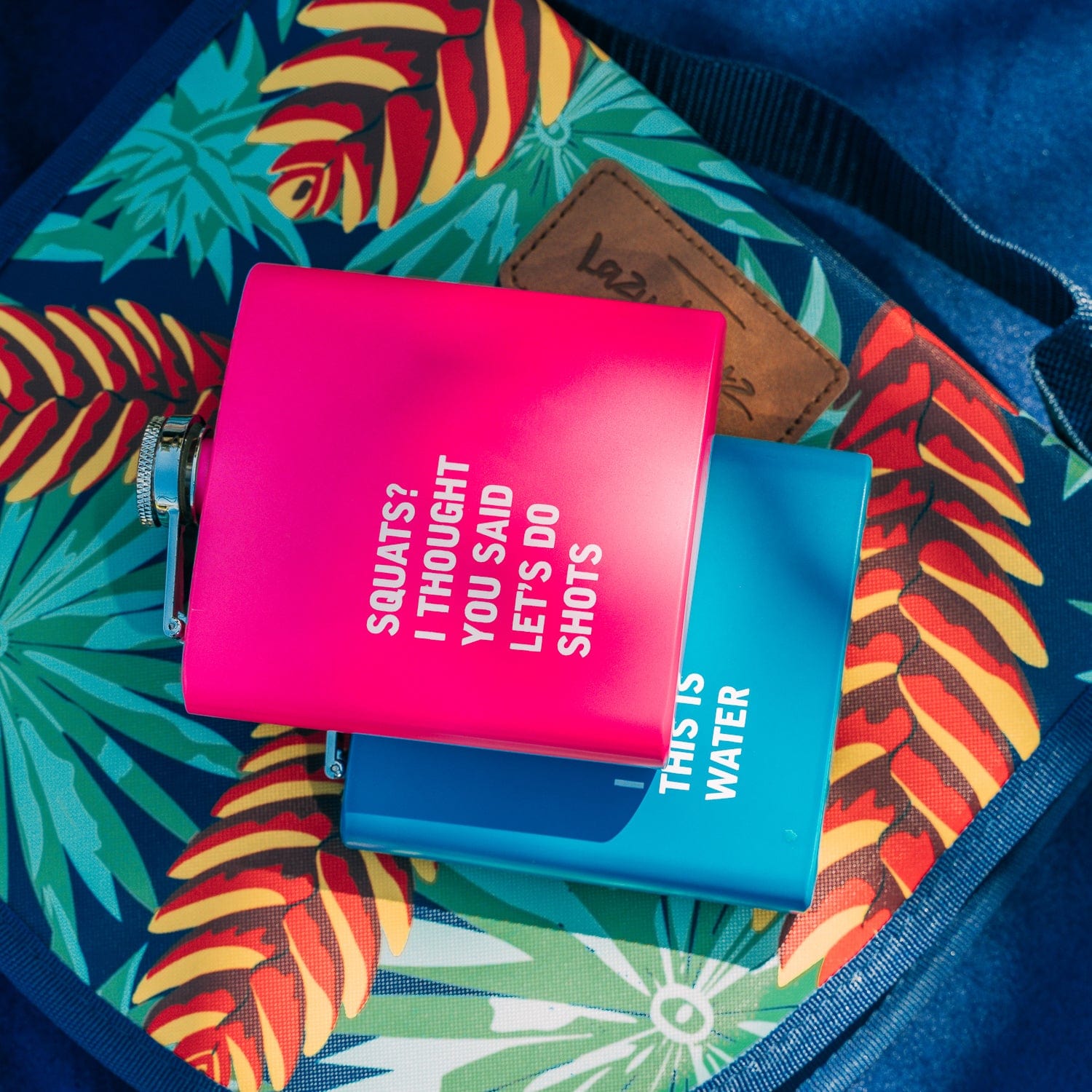 2 Pcs Stainless Steel Hip Flask (175 ml Each) - Funny Quotes, 4 Super-Bright Colours V915-LD0084-PK-LD0084-BL
