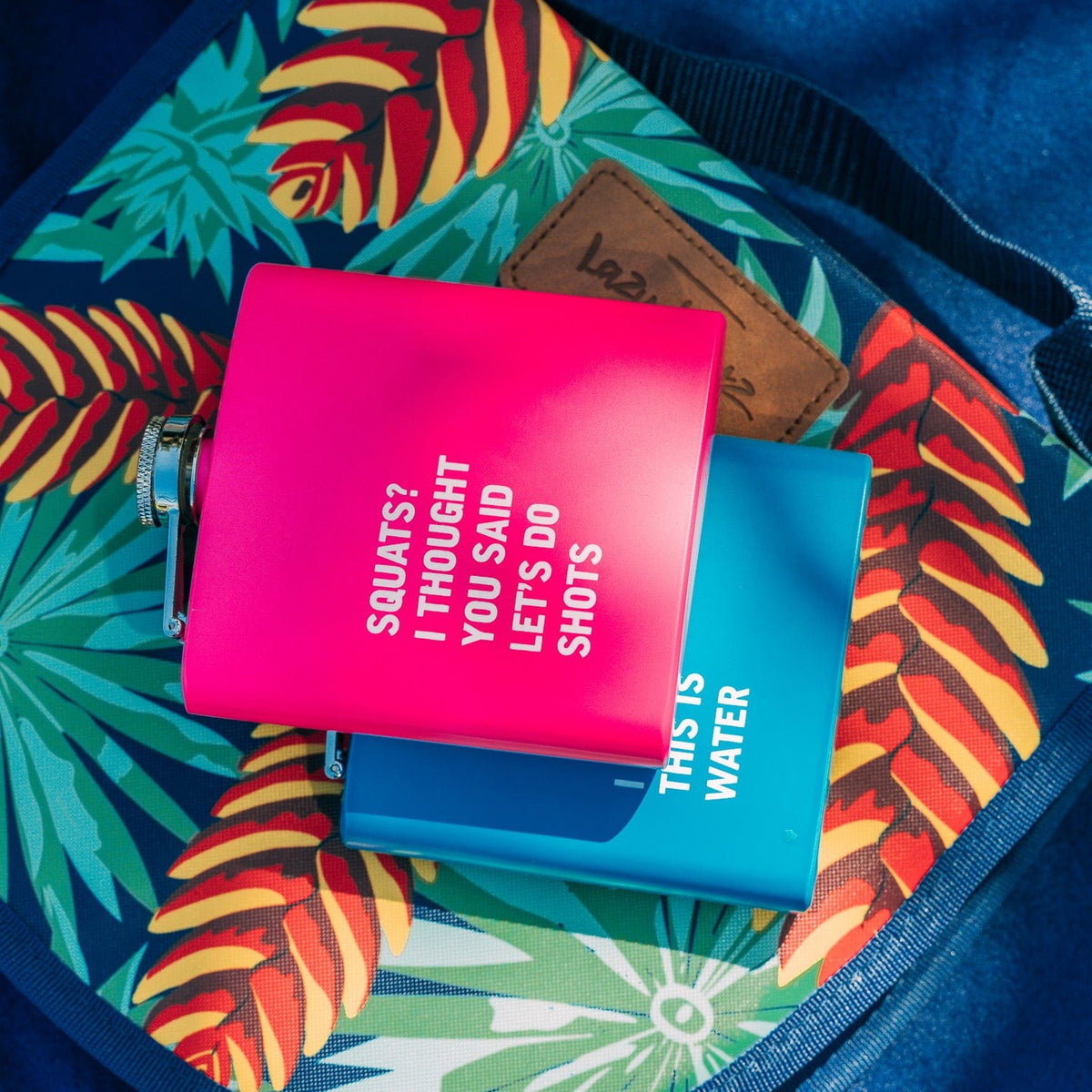 2 Pcs Stainless Steel Hip Flask (175 ml Each) - Funny Quotes, 4 Super-Bright Colours V915-LD0084-PK-LD0084-BL
