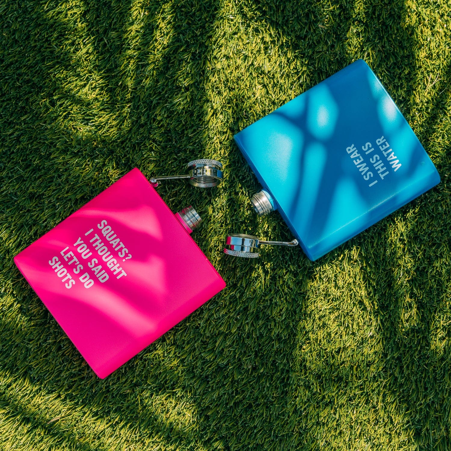 2 Pcs Stainless Steel Hip Flask (175 ml Each) - Funny Quotes, 4 Super-Bright Colours V915-LD0084-PK-LD0084-BL