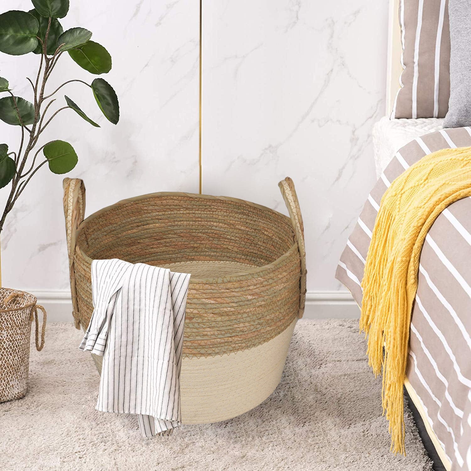 3 Piece Cotton Rope Stripe Carry Handles Storage Baskets Set V915-MB0053