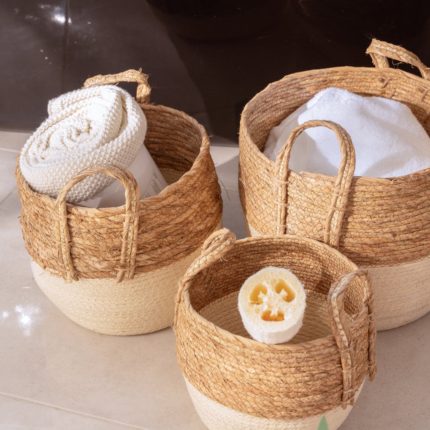 3 Piece Cotton Rope Stripe Carry Handles Storage Baskets Set V915-MB0053