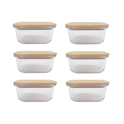 6 Pcs Medium Bamboo Food Containers - Clear Glass with Bamboo Lids V915-MB0080X6