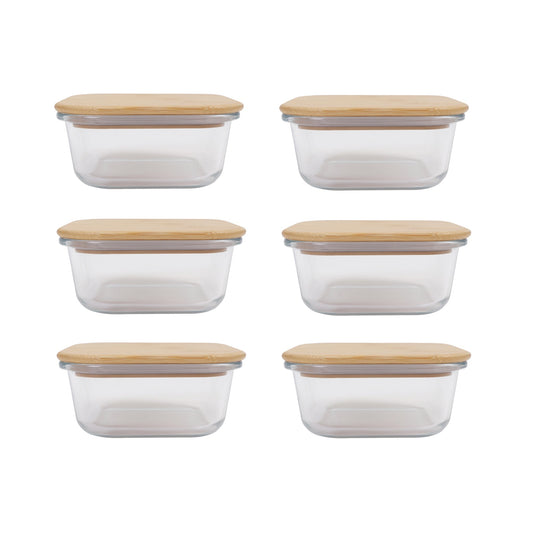 6 Pcs Medium Bamboo Food Containers - Clear Glass with Bamboo Lids V915-MB0080X6