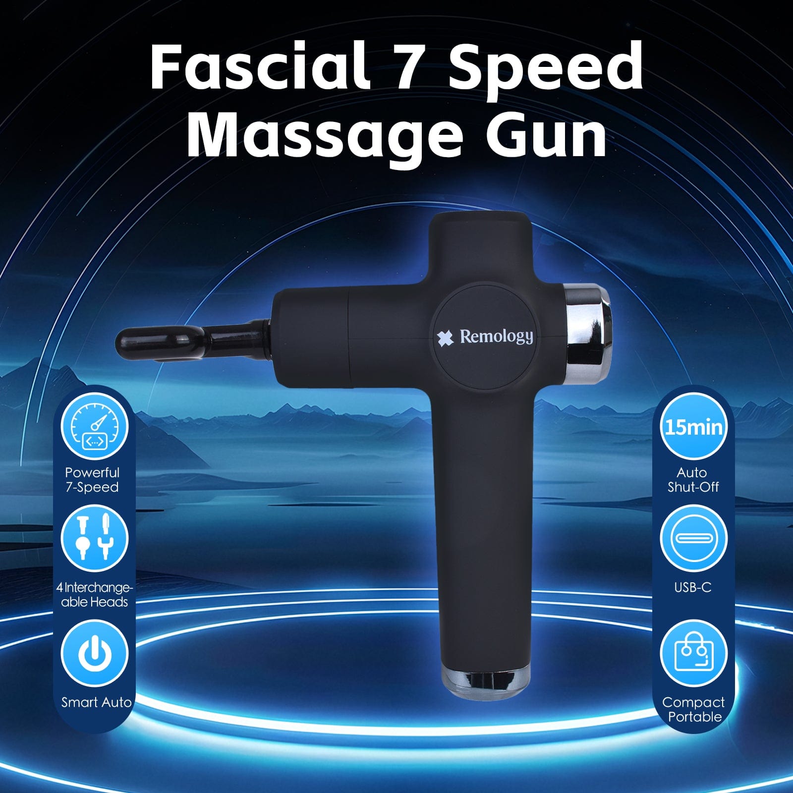 Remology Impact Therapy 7 Adaptive Speed USB-C Fascial Massage Gun with 4 Heads V915-RM0037