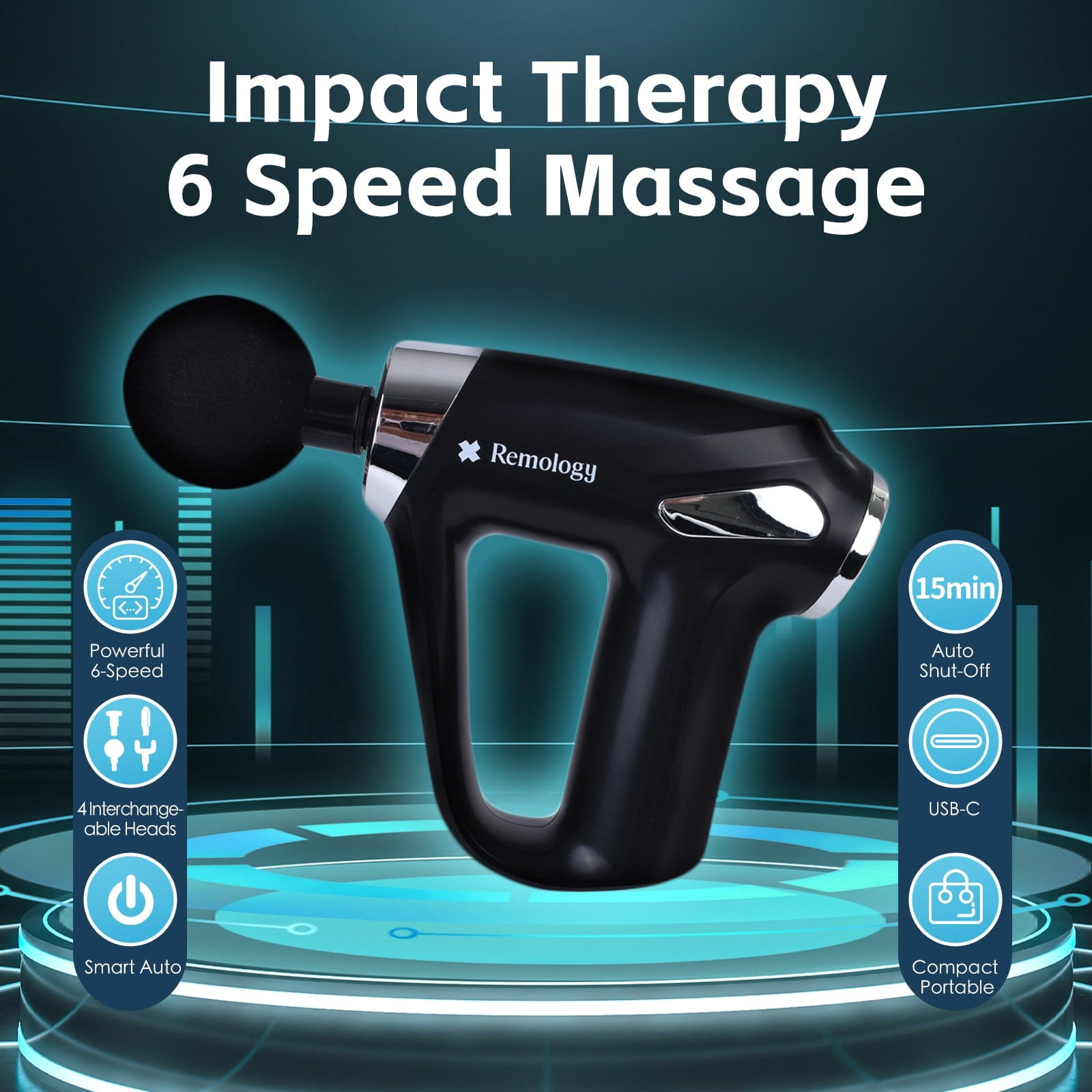 Remology Impact Therapy 6 Adaptive Speed USB-C Massage Gun with 4 Heads V915-RM0038