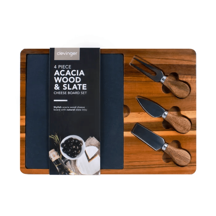 Clevinger 4 Piece Acacia Wood & Slate Cheese Board With Knife Set V915-TB0005