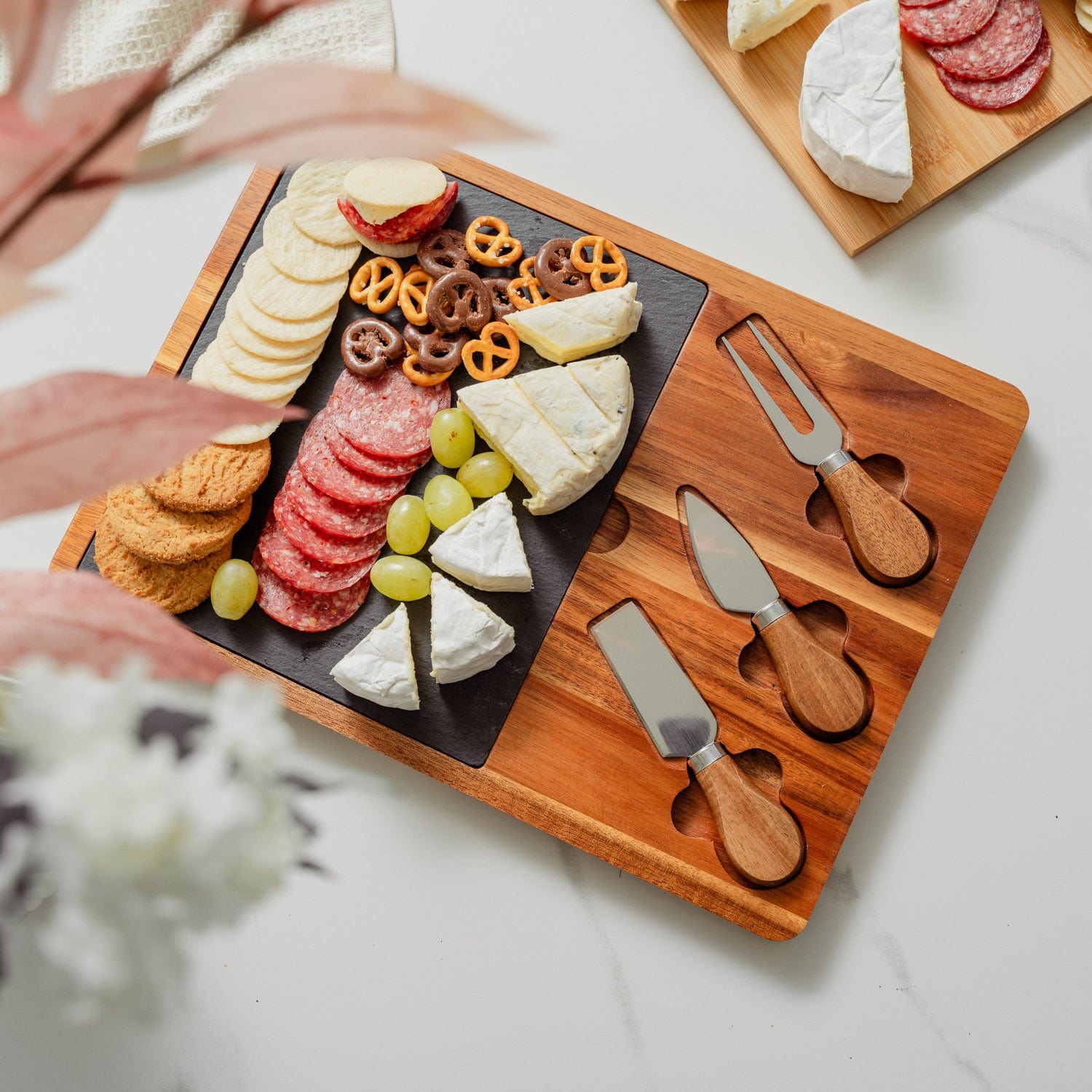 Clevinger 4 Piece Acacia Wood & Slate Cheese Board With Knife Set V915-TB0005