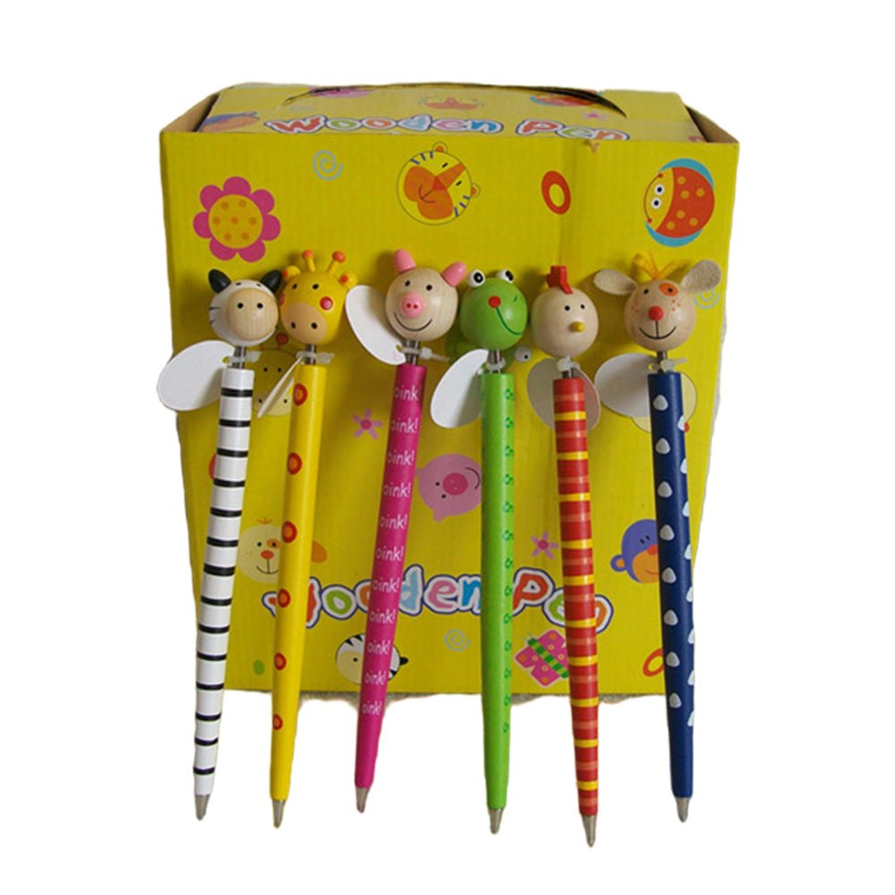 6x Wooden pens wit animal toy on tip V922-AWD-C0731-WOOPEN