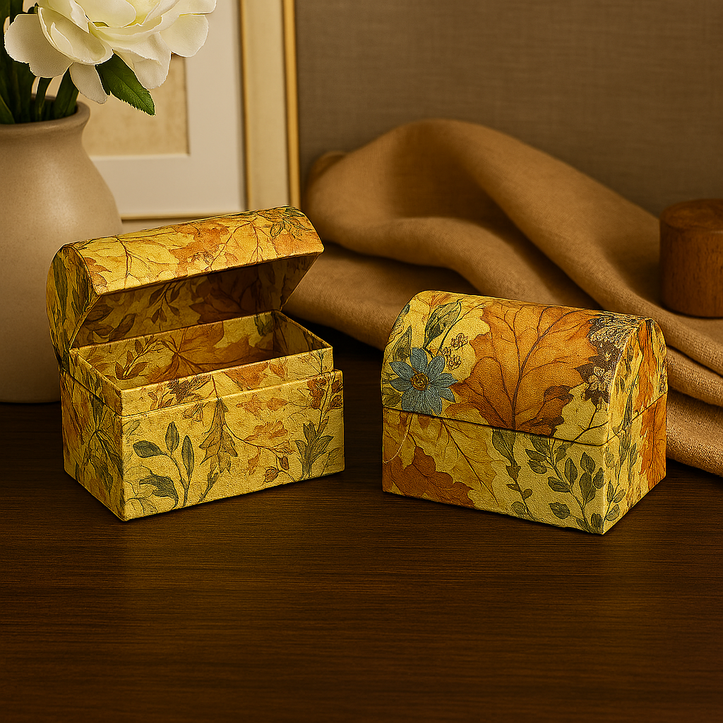2-Pack Decorative Floral Storage Boxes - Autumn Leaf Pattern, Handmade-Style Paper Gift & Trinket Boxes V922-AWD-D1104-BOXCHE