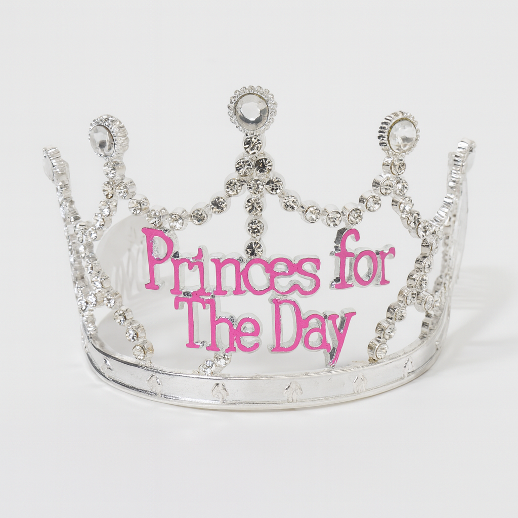 Princess for the Day Tiara - Silver Rhinestone Crown with Pink Lettering - Silver V922-AWD-D1301-PRITIA-SILVER